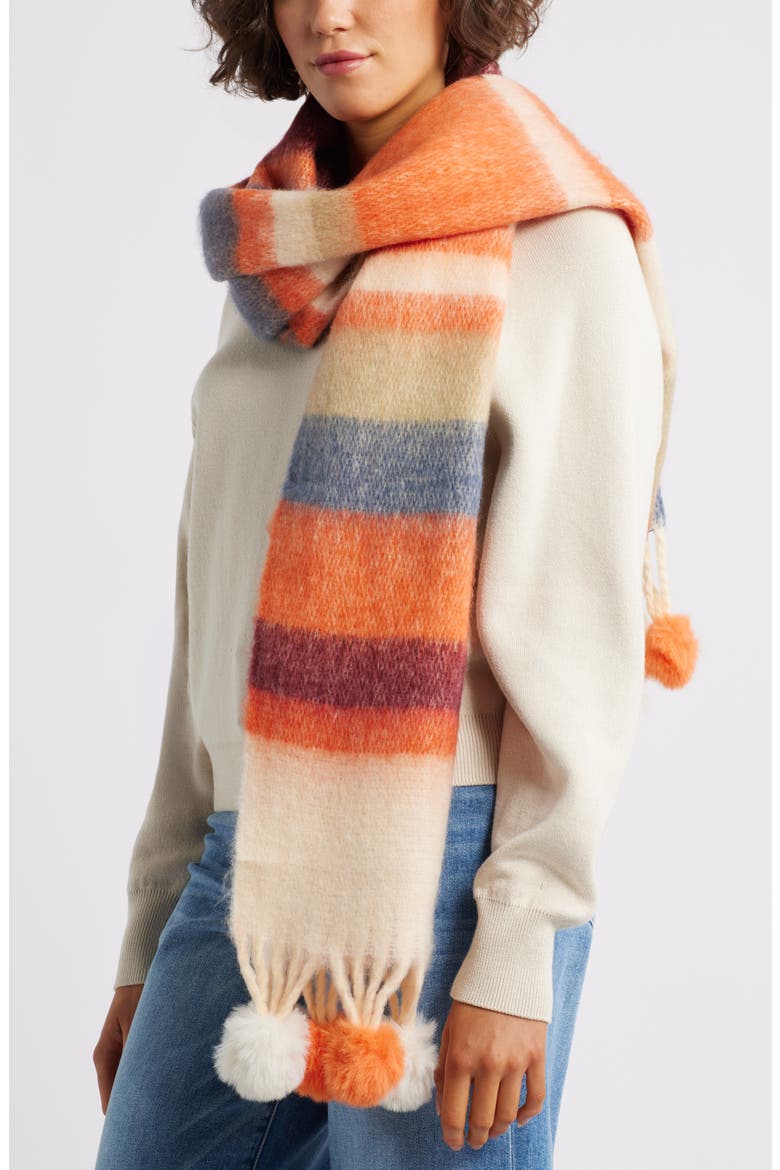 Stripe Scarf with Faux Fur Pom Fringe, Main, color, BEIGE MULTI