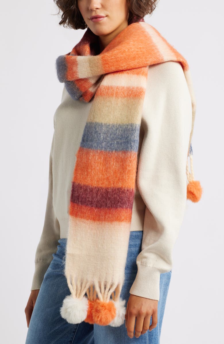 Tasha Stripe Scarf with Faux Fur Pom Fringe, Main, color, Beige Multi