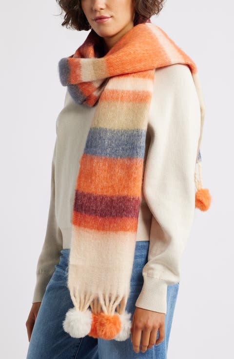 Stripe Scarf with Faux Fur Pom Fringe