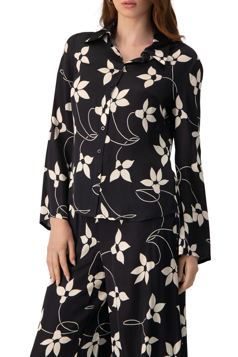 Long Sleeve Printed Shirt Blouse, Main, color, Black