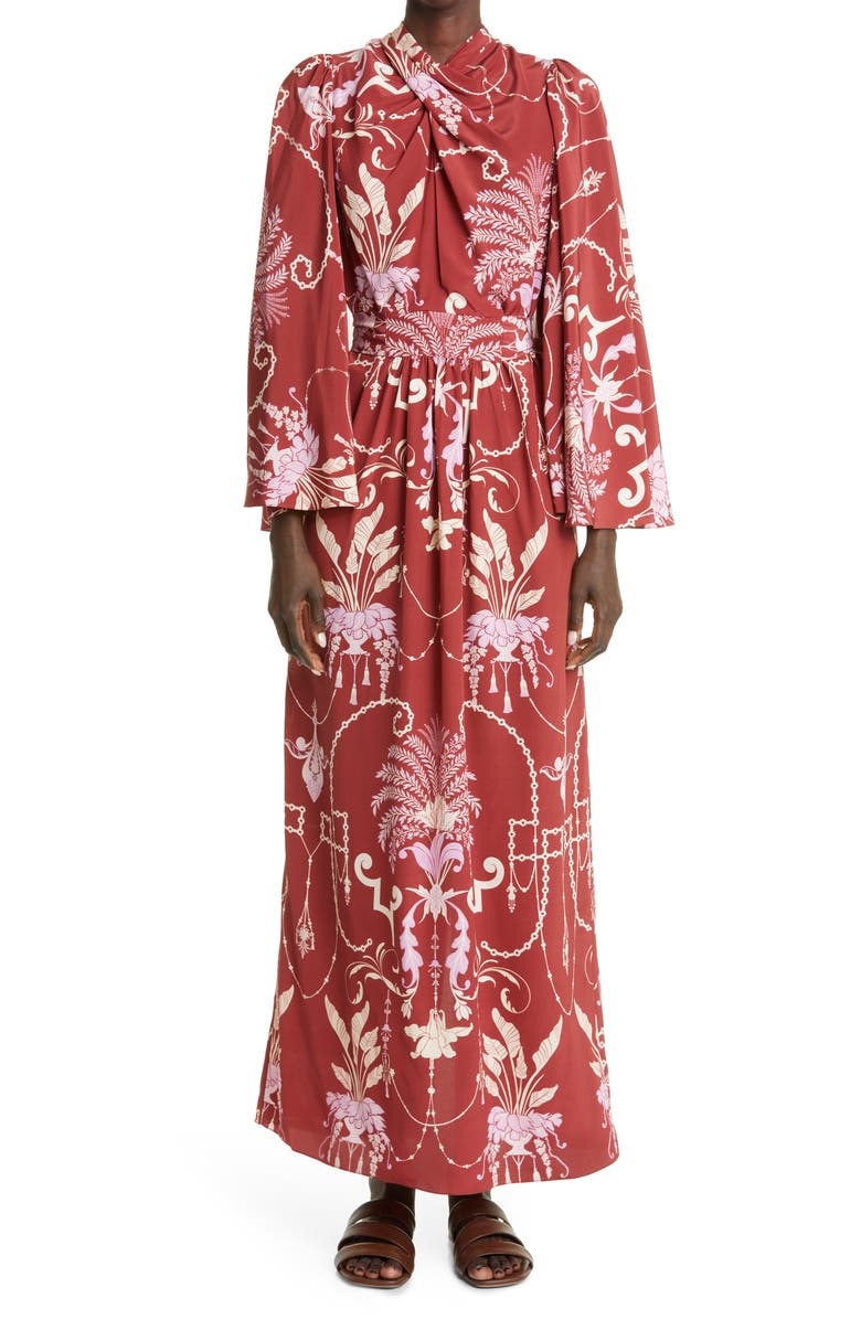 Johanna Ortiz Hanging Plants Long Sleeve Silk Tunic Maxi Dress, Main, color, Plantpots Marsala Ecru Lilac
