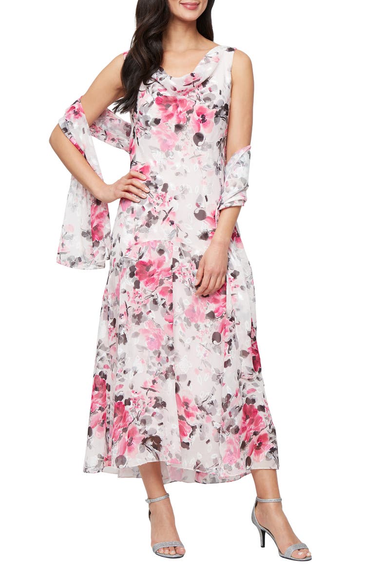 Floral Sleeveless Burnout Chiffon Dress with Shawl, Main, color, FUCHSIA MULT