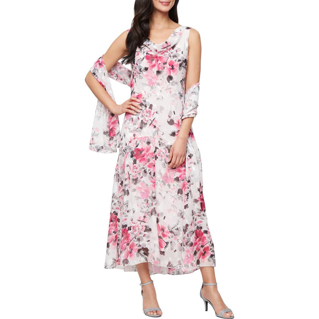Alex Evenings Floral Sleeveless Burnout Chiffon Dress With Shawl In Fuchsia Mult