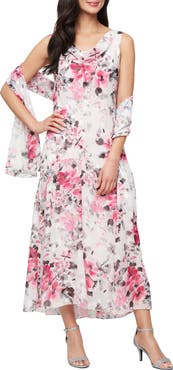 Alex Evenings Floral Sleeveless Burnout Chiffon Dress with Shawl