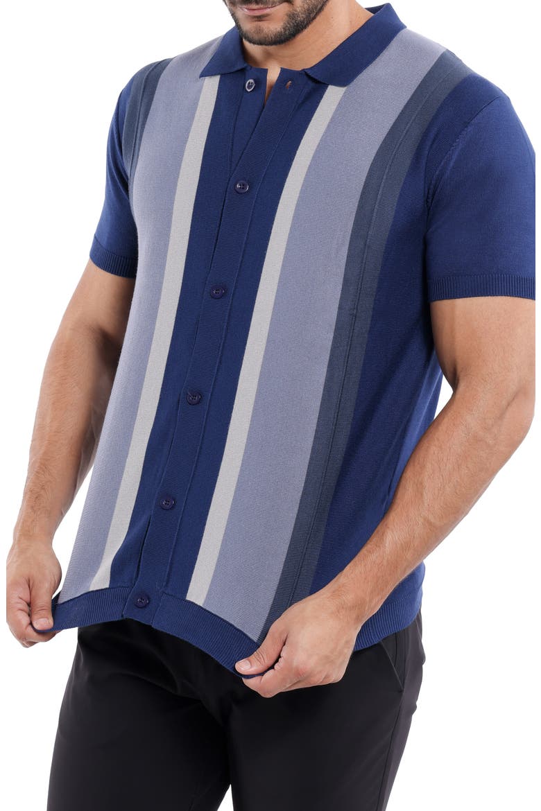 Stripe Short Sleeve Button-Up Polo Sweater, Alternate, color, NAVY/ NAVY