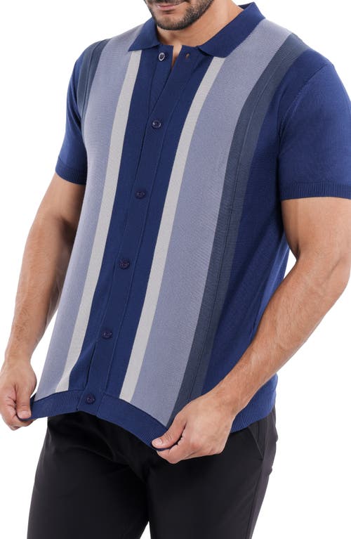 Spring + Mercer Stripe Short Sleeve Button-up Polo Sweater In Navy/navy