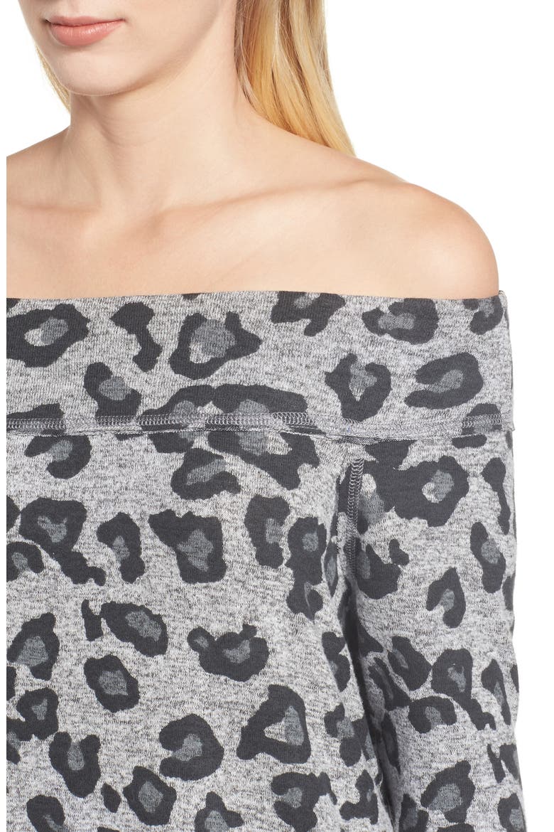 x Living in Yellow Mary Fleece Off the Shoulder Top (Nordstrom Exclusive), Alternate, color, GREY LEOPARD
