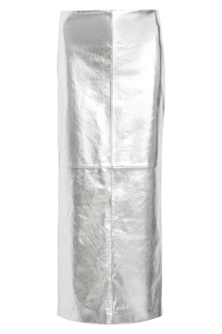 Renai Metallic Leather Midi Skirt, Alternate, color, SILVER