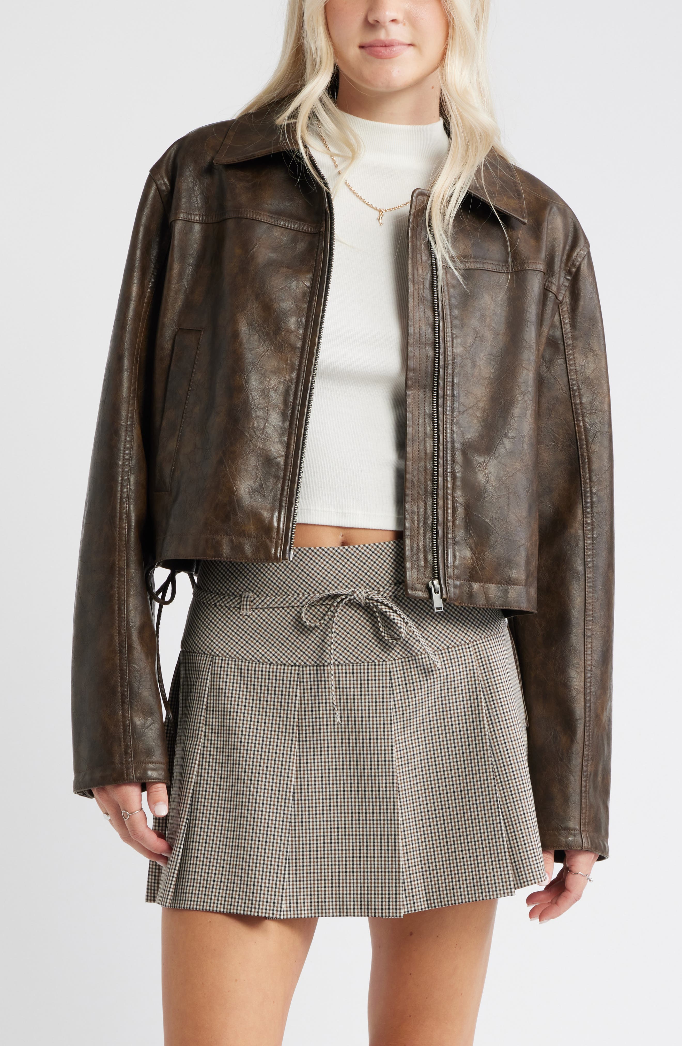 Side Tie Faux Leather Moto Jacket