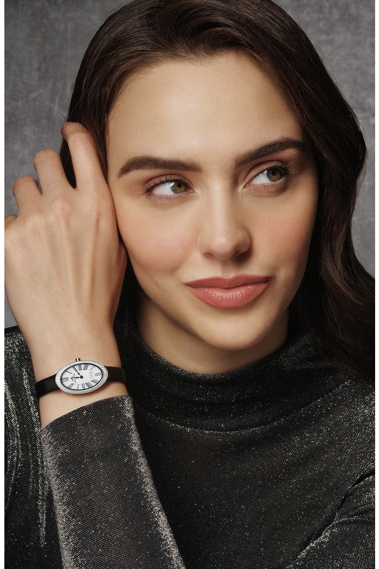 Women's Eloise Oval Guilloche Dial Topaz Leather Watch, Alternate, color, WHITE/ BLACK