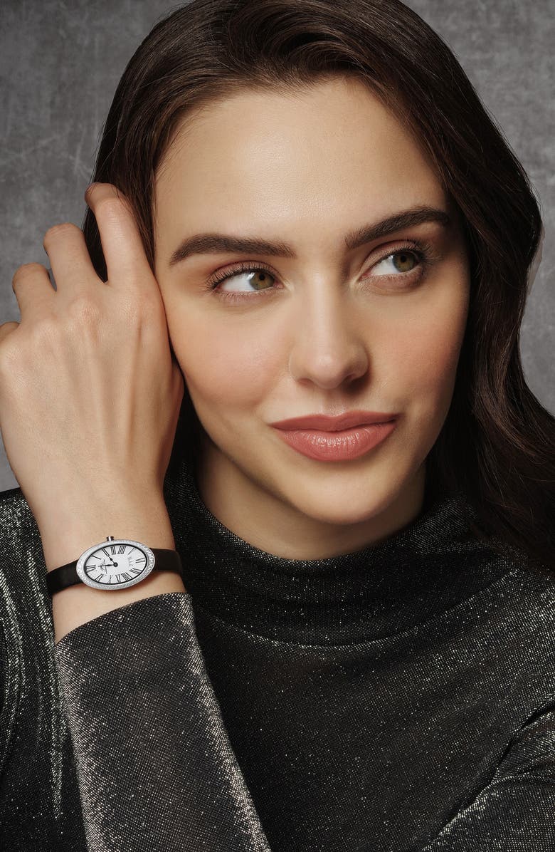 PORSAMO BLEU Women's Eloise Oval Guilloche Dial Topaz Leather Watch, Alternate, color, White/ Black