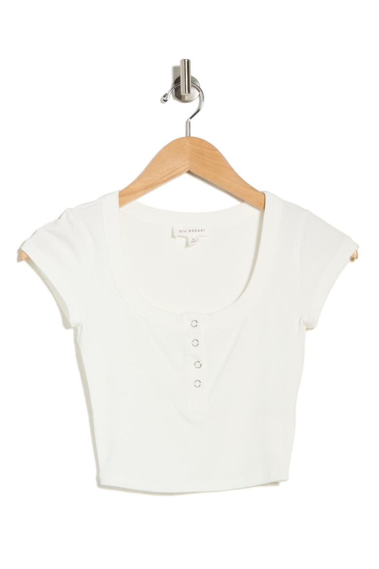 Snap Front Cap Sleeve Crop Henley, Alternate, color, IVORY