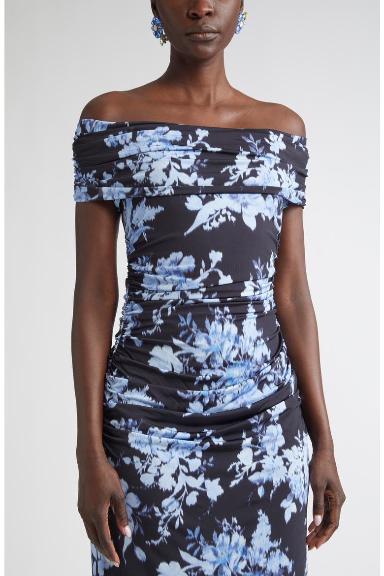 Floral Print Ruched Off the Shoulder Jersey Gown, Alternate, color, MIDNIGHT MULTI