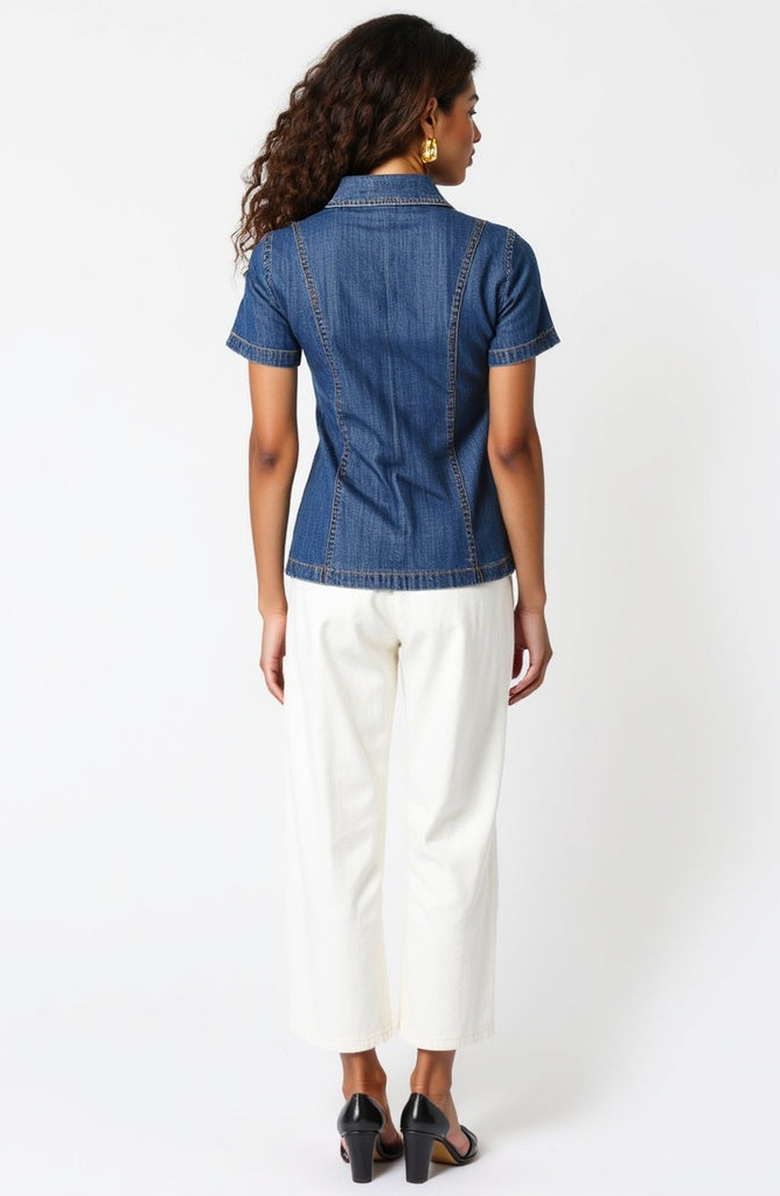 Modenaire Fitted Denim Short-Sleeve Button-Front Shirt, Alternate, color, Denim Blue