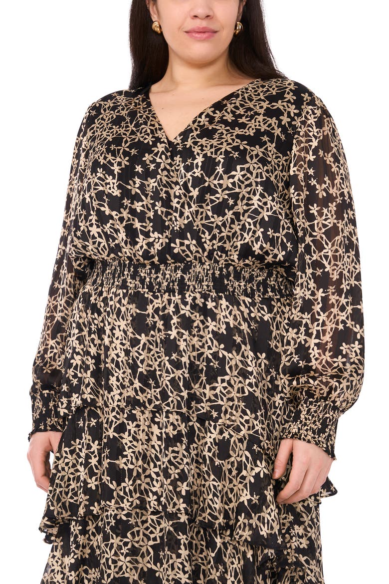 Metallic Floral Long Sleeve Midi Dress, Alternate, color, RICH BLACK