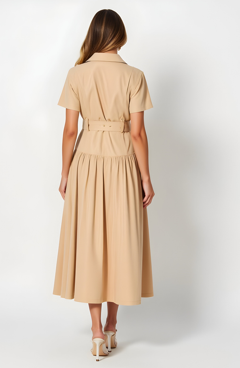 Modenaire Cap Sleeve Midi Shirt Dress with Button Front, Belted Waist and Collar, Alternate, color,