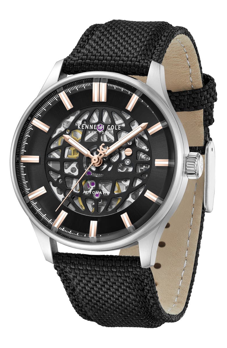 Kenneth Cole New York The Thompson Skeleton Automatic Nylon Strap Watch, 43.5mm, Alternate, color, Black