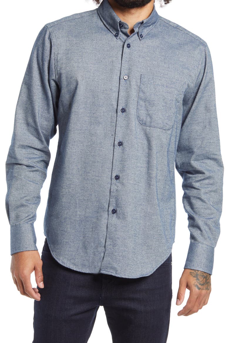 Herringbone Flannel Button-Down Shirt, Main, color, BLUE