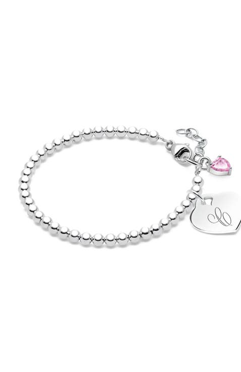 Sterling Silver 3mm Beads & Engraved Initial 5.25" Bracelet
