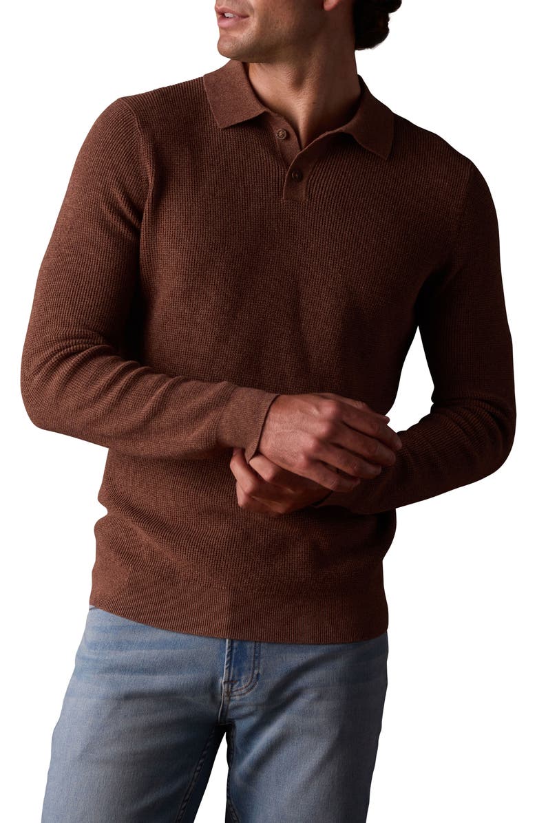 The Normal Brand Robles Long Sleeve Waffle Cotton Polo Sweater, Main, color, Heather Brown