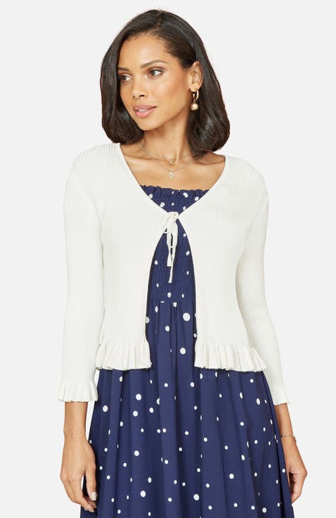 Tie Front Frilled Hem Ribbed Cardigan