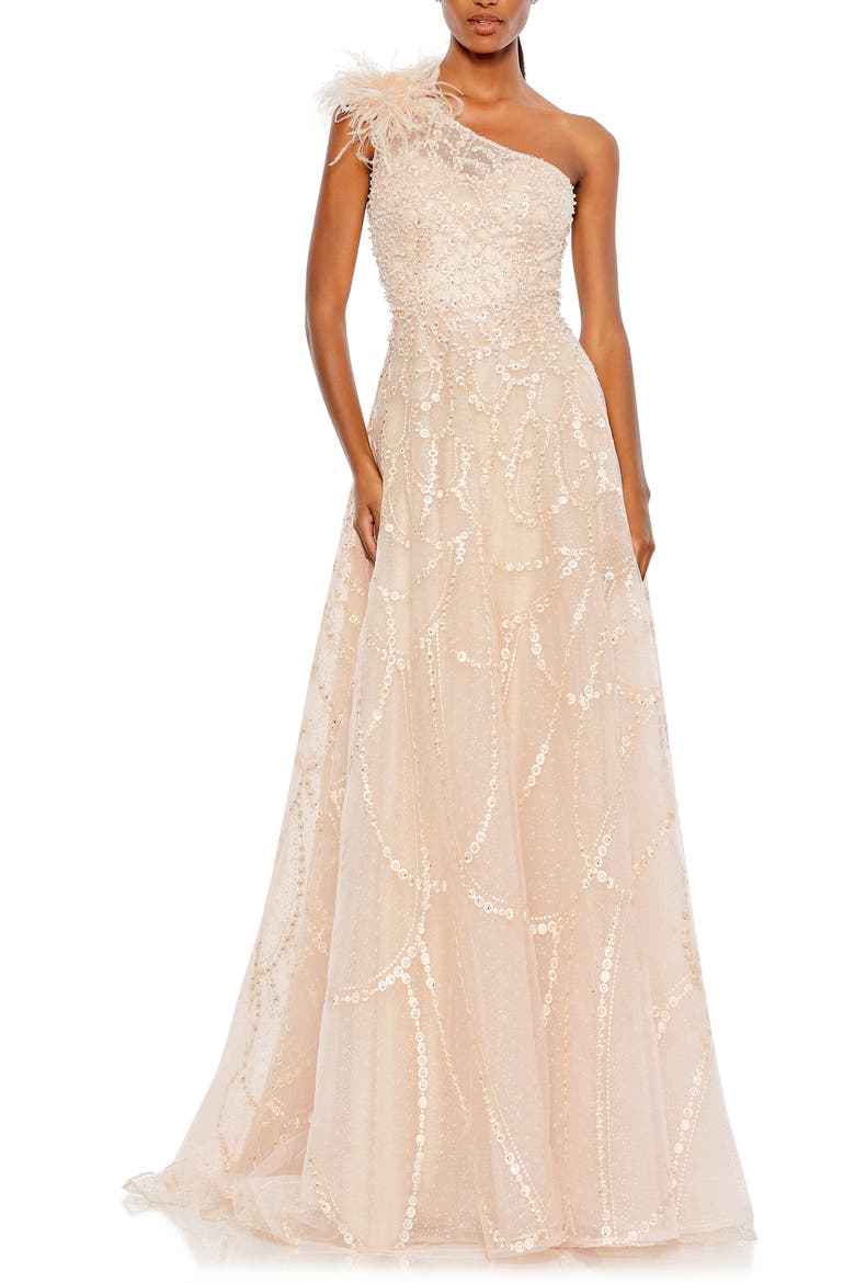 Embellished One-Shoulder A-Line Gown with Feather Accent, Main, color, PEACH