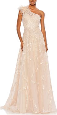Mac Duggal Embellished One-Shoulder A-Line Gown with Feather Accent