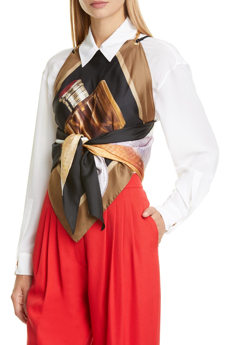 Amaris Archive Perfume Bottle Print Silk Twill Top, Alternate, color, BLACK IP PAT