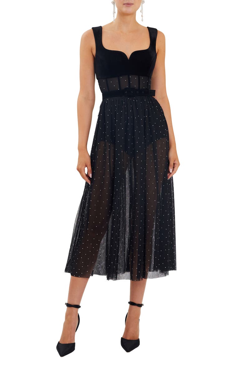Lilah Diamante Midi Dress, Main, color, BLACK