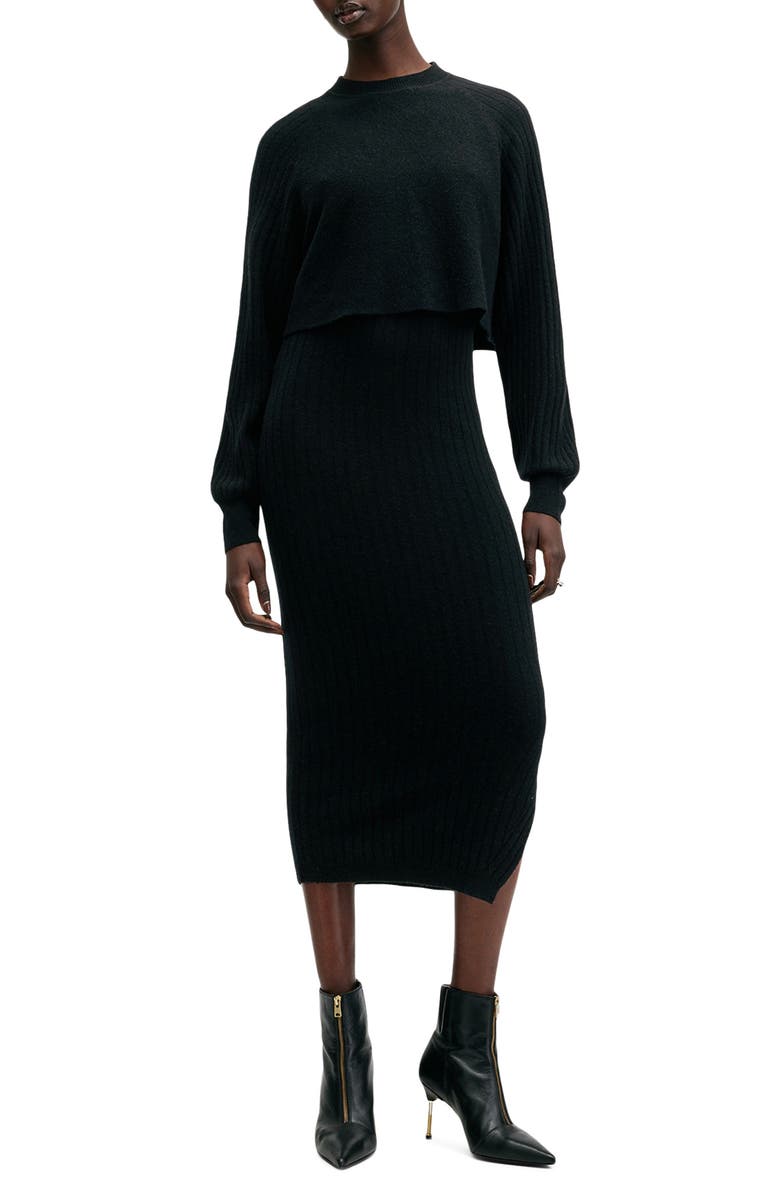 AllSaints Margot Rib Wool Blend Crop Sweater & Midi Sweater Dress Set, Main, color, Black