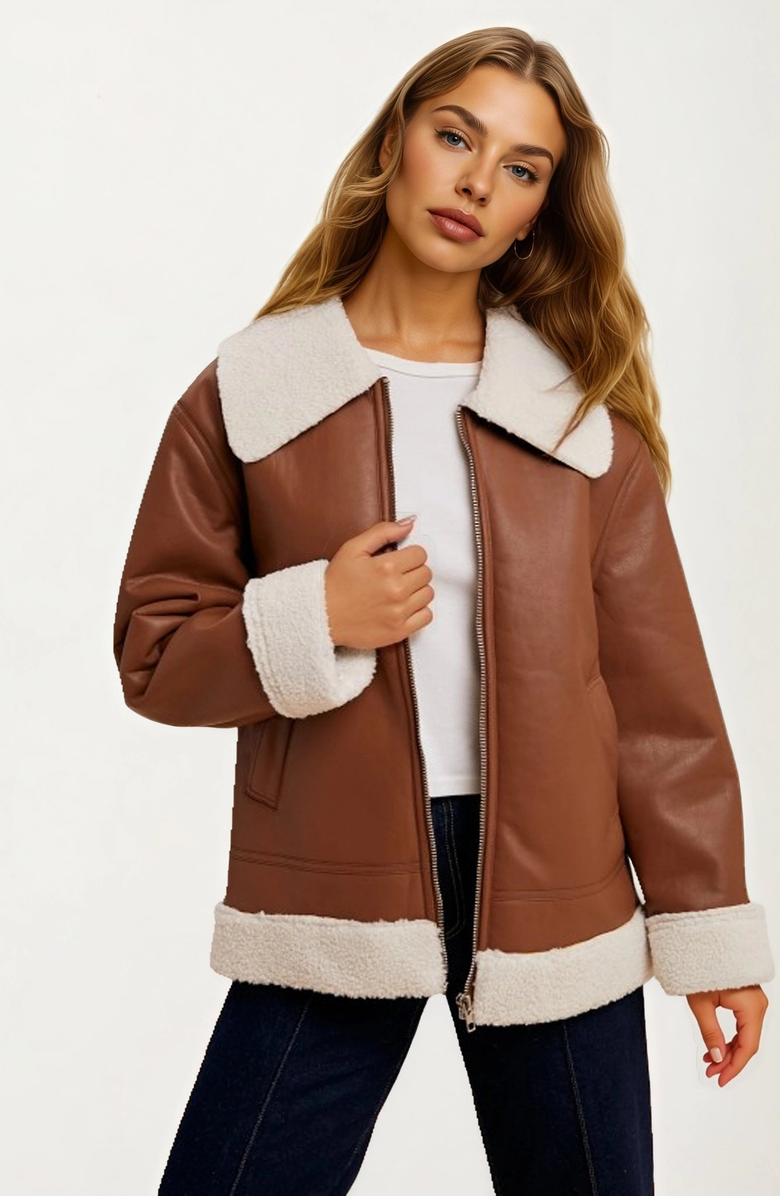 Knit and Lounge Faux Shearling Trim Moto Jacket, Main, color, 