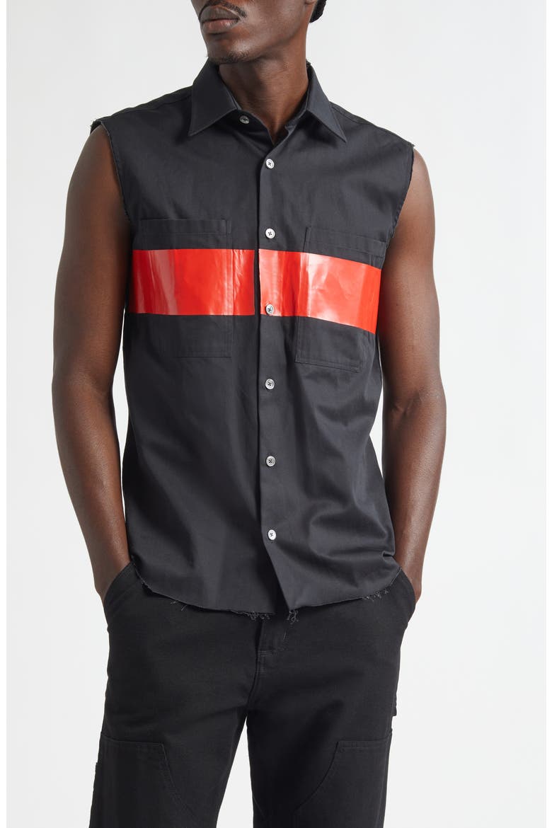 Stabb Taped Cutoff Sleeve Button-Up Shirt, Main, color, BLACK