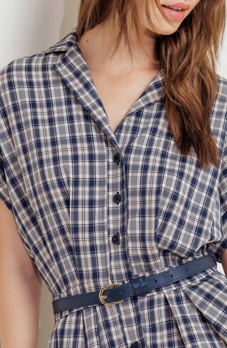 FREEMARKET Belted Plaid Shirtdress, Alternate, color, Navy Multi