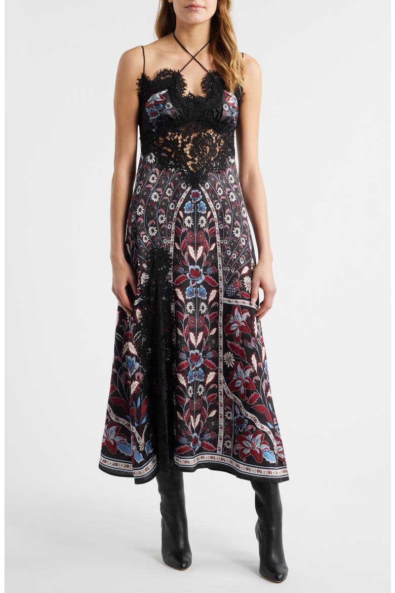farm rio satin halter dress Marcelle Eyelash Lace Trim Slipdress (Women) Color:AB685