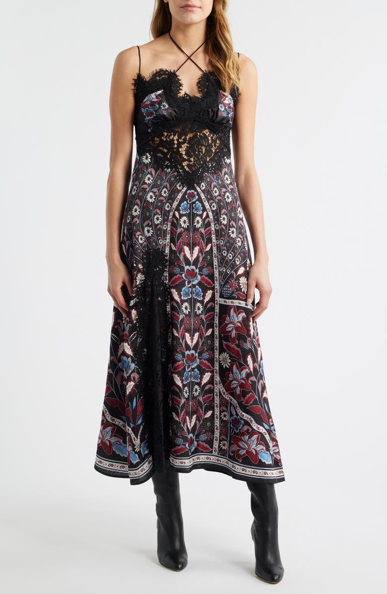 FARM Rio Marcelle Eyelash Lace Trim Halter Satin Slipdress, Main, color, Black