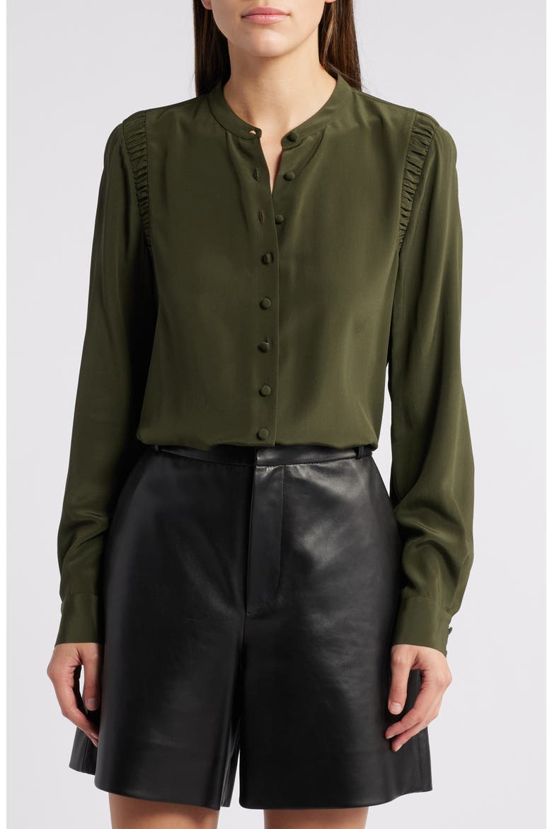 Band Collar Silk Button-Up Shirt, Main, color, MILITARY GREEN