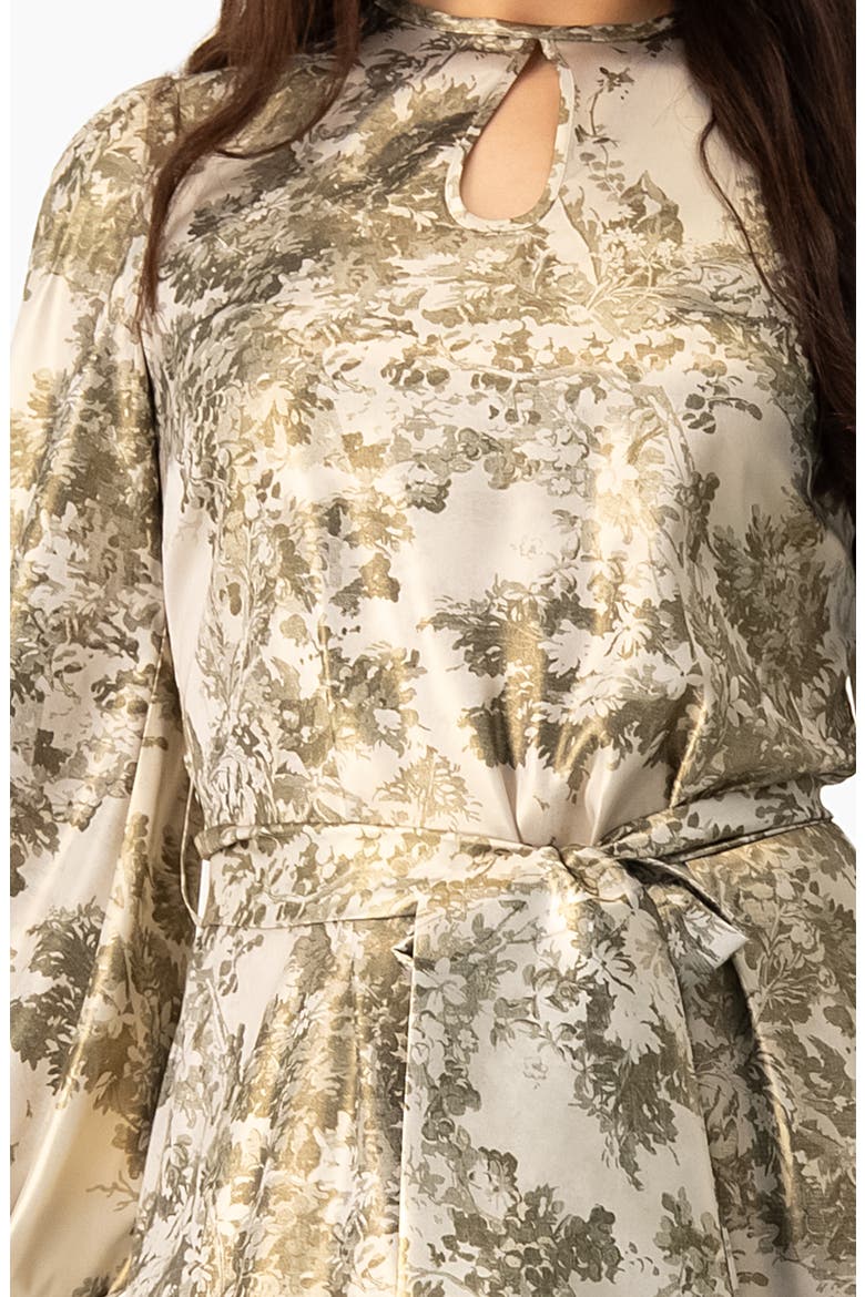 Botanical Print Satin, Long Sleeve Belted Keyhole Midi Dress, Alternate, color, Olive Green