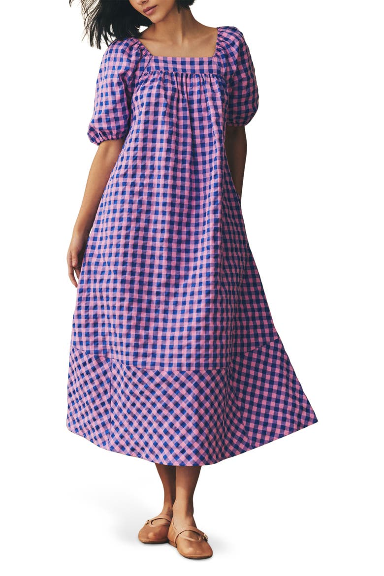 Gingham Puff Sleeve Seersucker Dress, Main, color, PURPLE