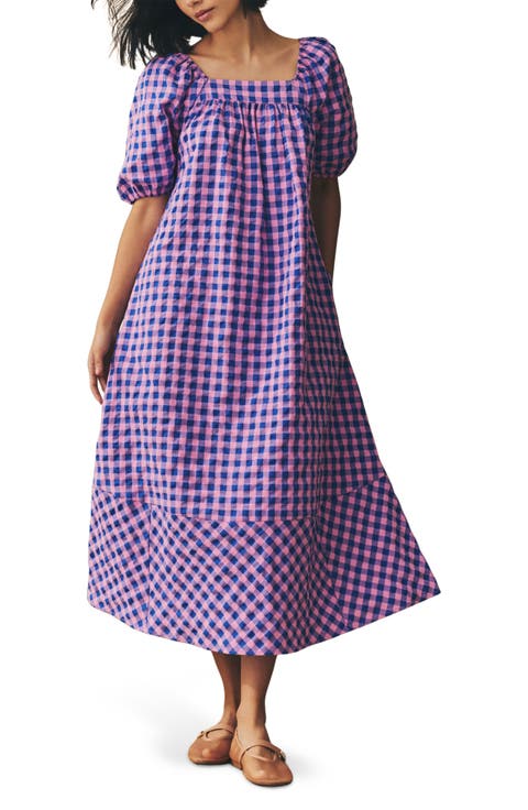 Gingham Puff Sleeve Seersucker Dress
