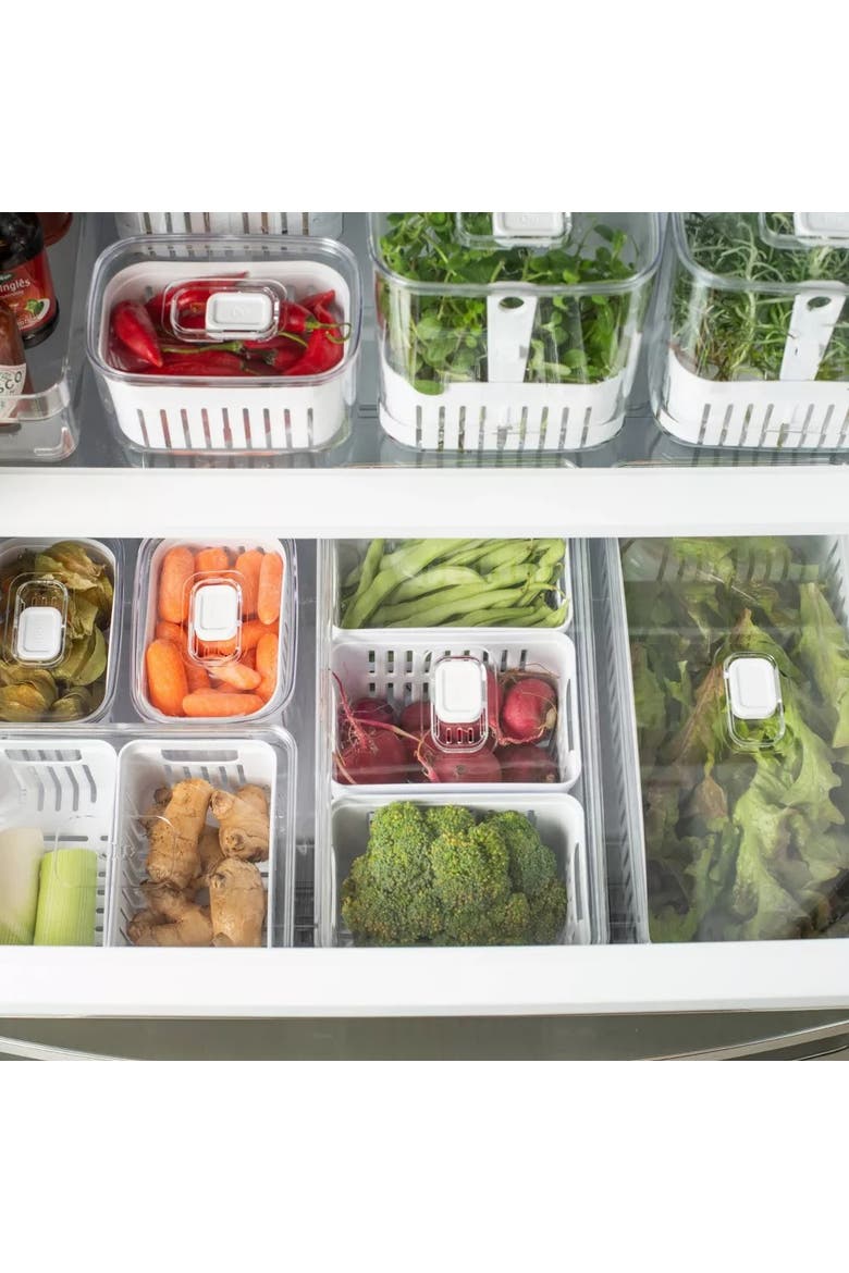 Clear Stackable Fridge Organizer Bin with Drain Basket and Vented Lid, 4 Pack, Alternate, color, Clear with White Drainer