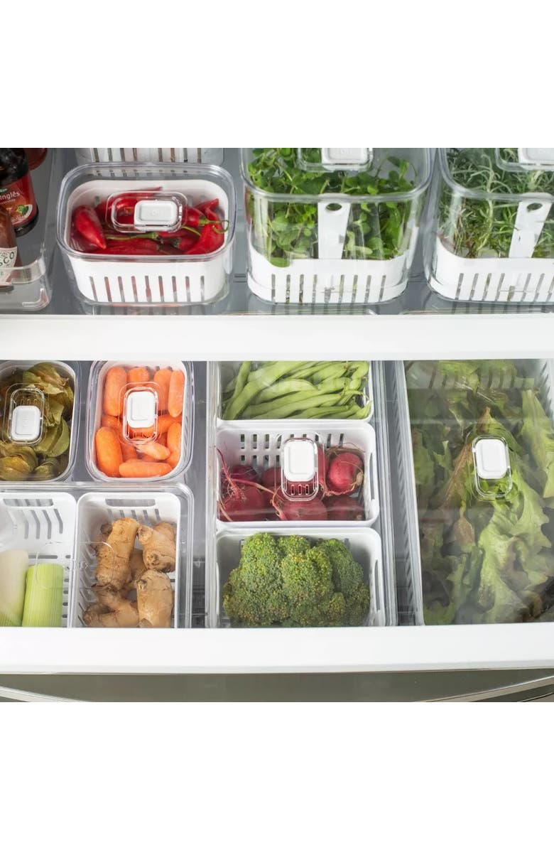 OU Clear Stackable Fridge Organizer Bin with Drain Basket and Vented Lid, 4 Pack, Alternate, color, Clear With White Drainer