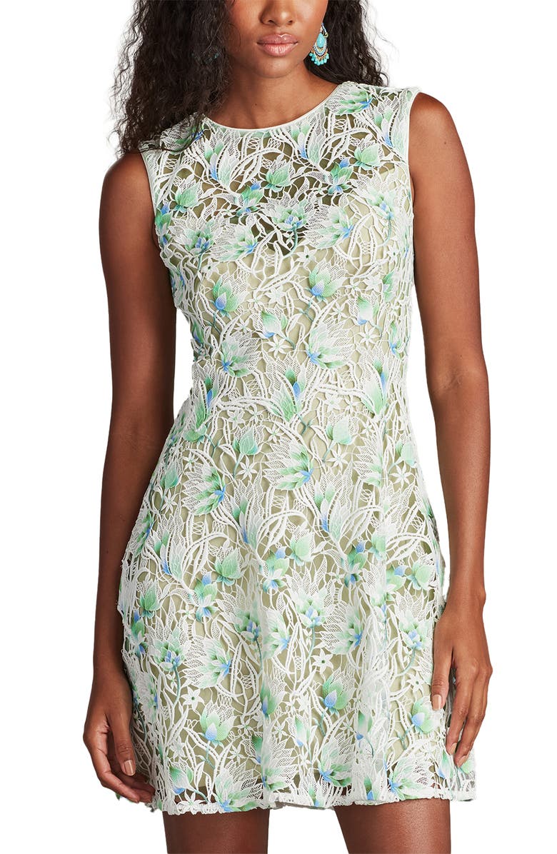 Tadashi Shoji Embroidered Lace Minidress, Alternate, color, White/ Aloe Green