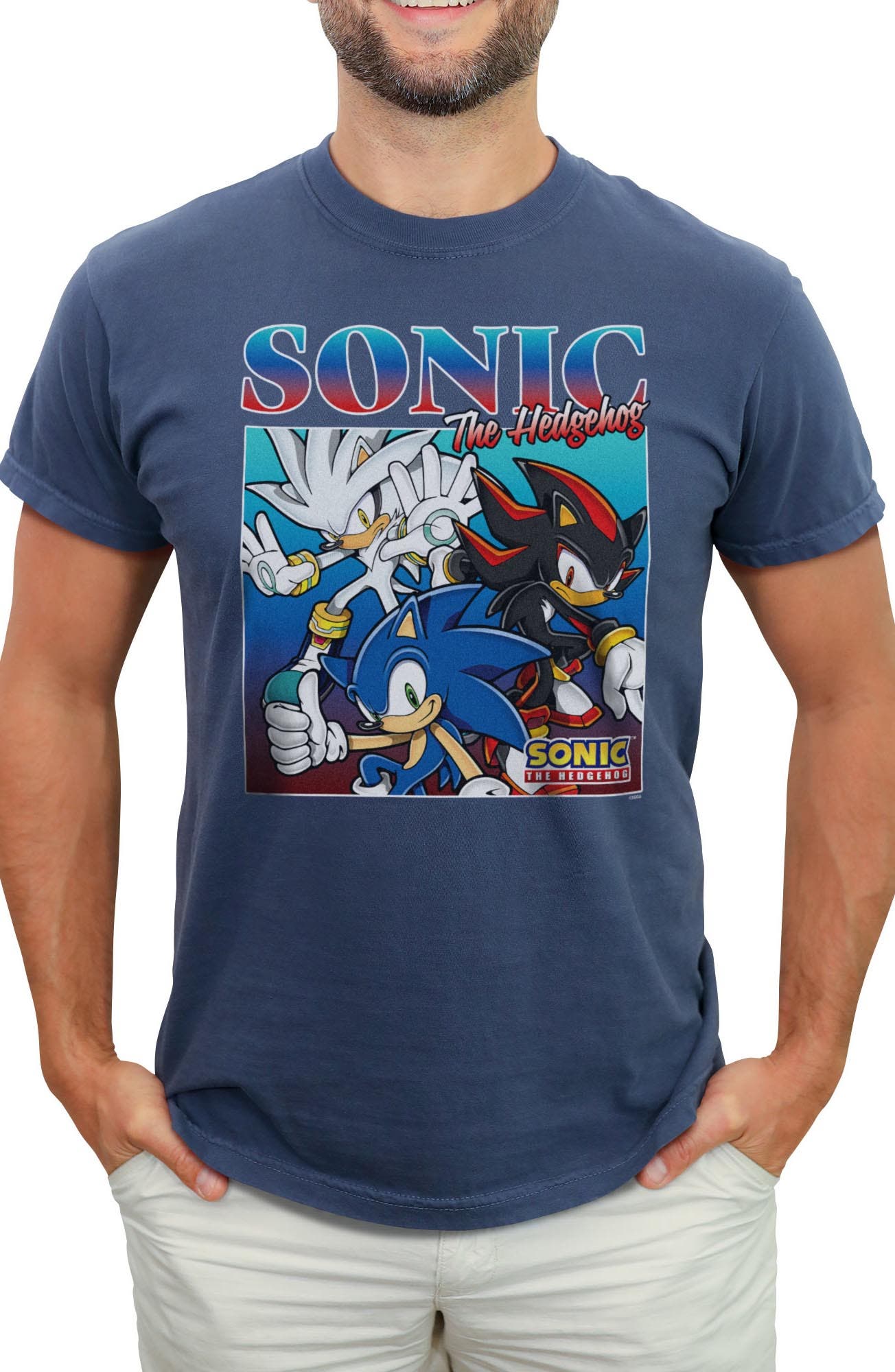 Men's Sonic the Hedgehog Trio Poster  Graphic T-Shirt in Navy Blue 