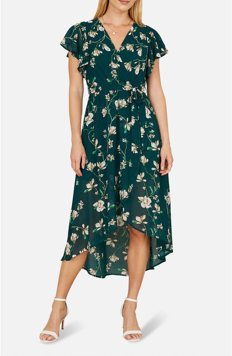 Yumi Floral Frill Hem Wrap Midi Dress, Alternate, color, Green