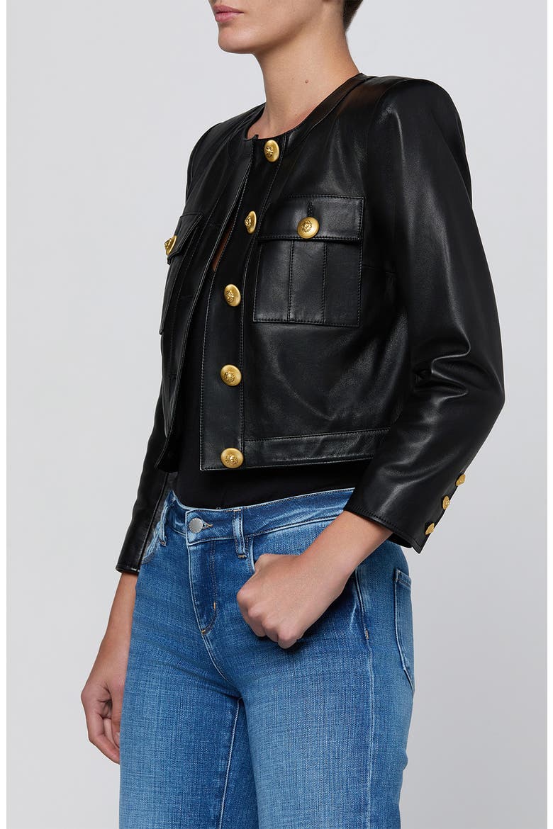 Deidra Collarless Leather Jacket, Alternate, color, BLACK