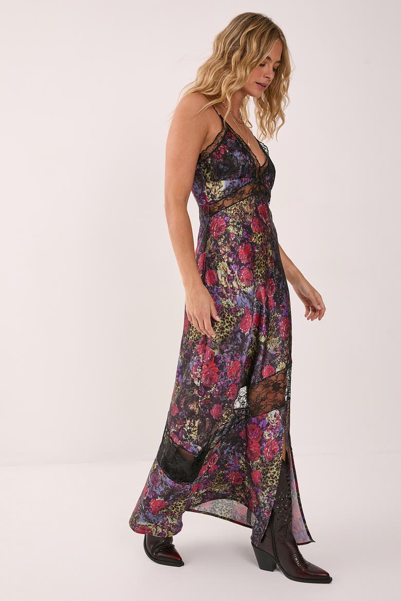 Satin Lace Maxi Slip Dress, Alternate, color, Animal