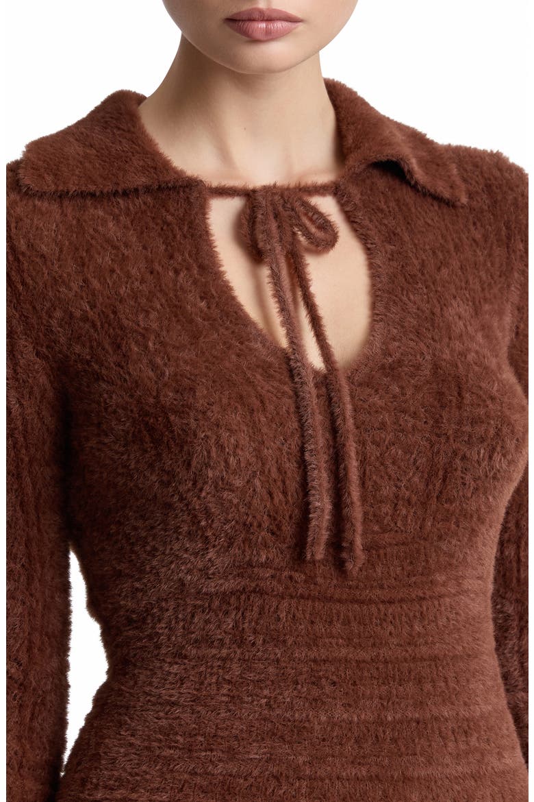 Mixed Pointelle Sweater with Fuzzy Collar, Alternate, color, RUSSET