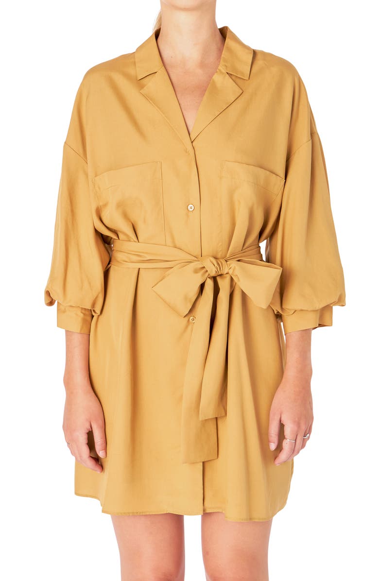 Endless Rose Tie Waist Mini Shirtdress, Alternate, color, Camel