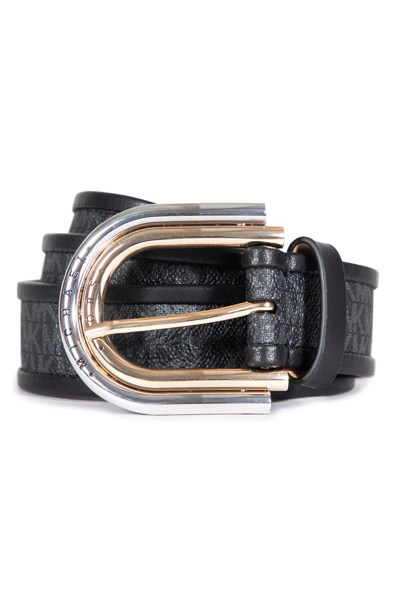 MICHAEL Michael Kors Two-Tone Logo Belt, Main, color, Black/ Gold