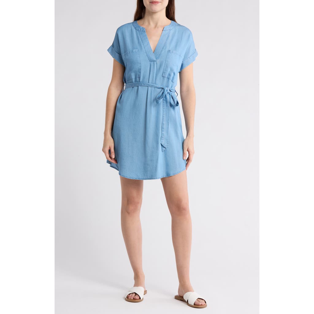BLU PEPPER BLU PEPPER SHORT SLEEVE TIE WAIST CHAMBRAY MINIDRESS